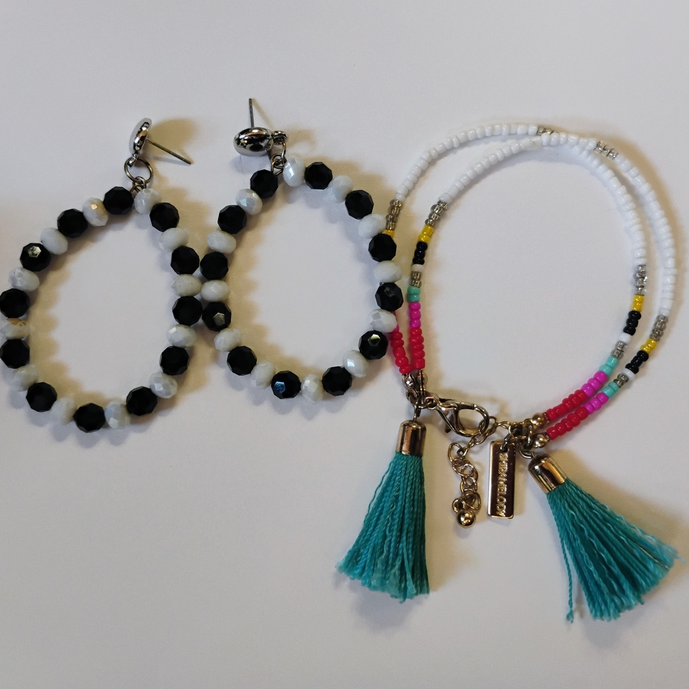 Beaded Hoop Earrings and Tassel Bracelet Set